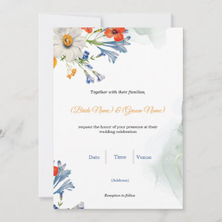 Faire-part de mariage floral aquarelle bleu et ora