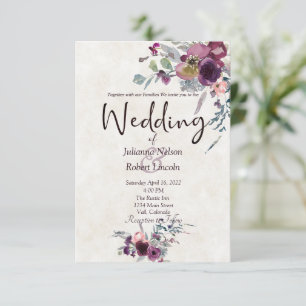 Faire-part de mariage floral aquarelle bordeaux et