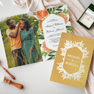 Faire-part de mariage floral aquarelle orange feui