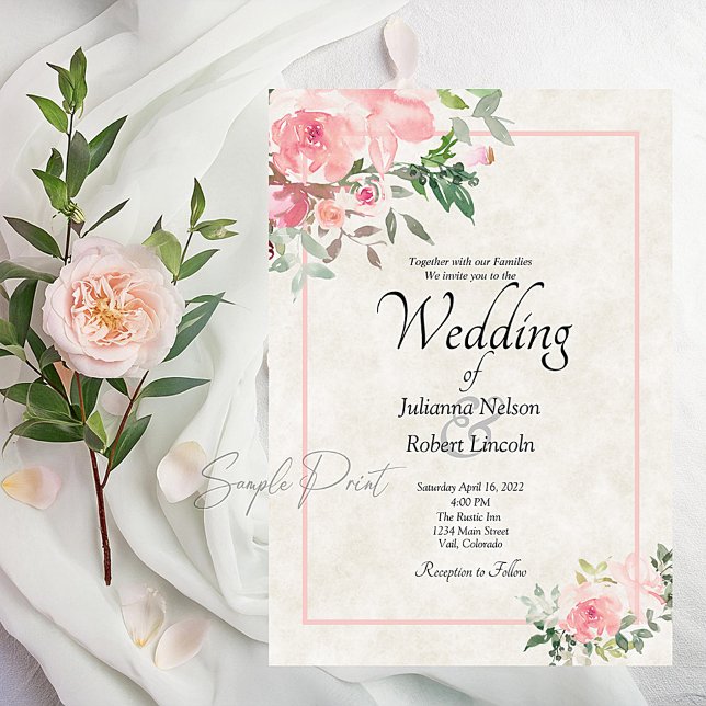 Faire-part de mariage floral aquarelle rose Blank  (Créateur téléchargé)