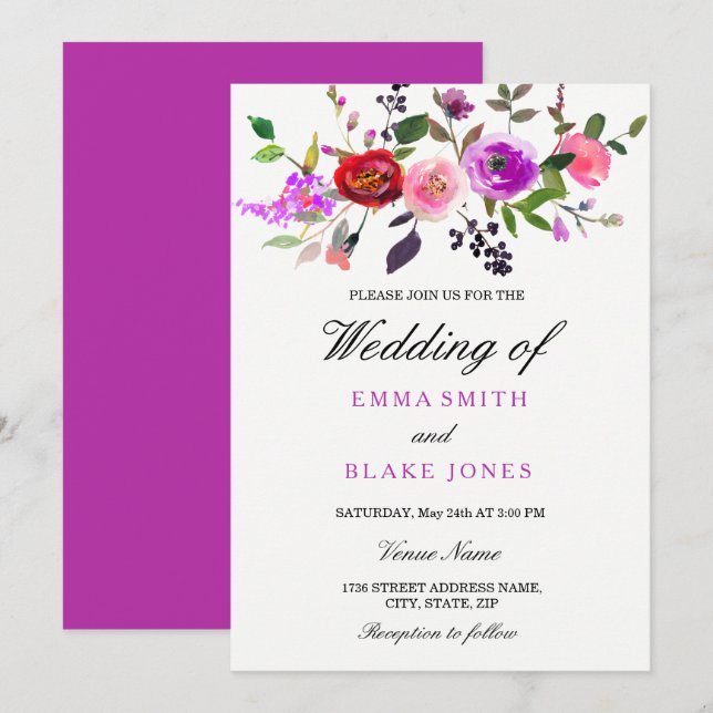 Faire-part de mariage floral aquarelle rose violet (Devant / Derrière)