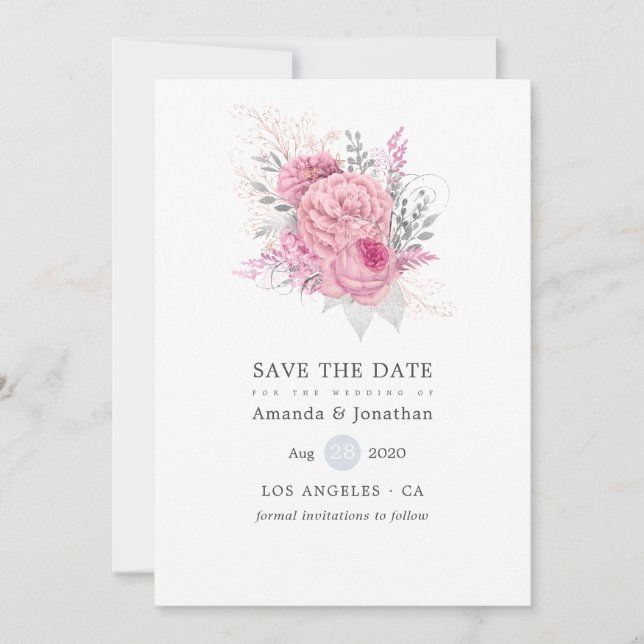 Faire-part de mariage floral argent et rose (Devant)