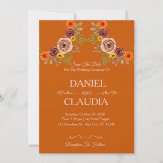 Faire-part de mariage Floral Automne Orange Brûlé