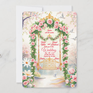 Faire-part de mariage floral avec balançoire en or
