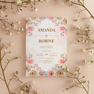 Faire-part de mariage floral beige et blanc modern