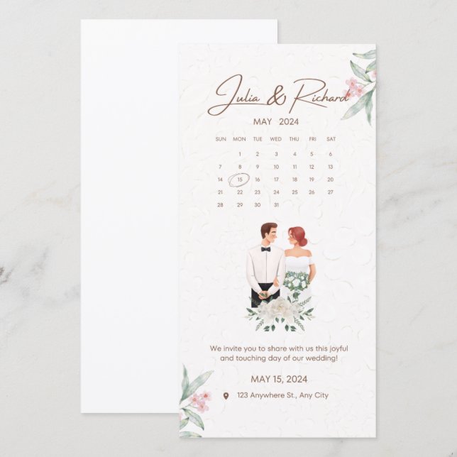 Faire-part de mariage floral beige et vert formel (Devant / Derrière)