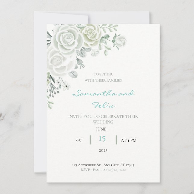 Faire-part de mariage floral blanc et vert (Devant)