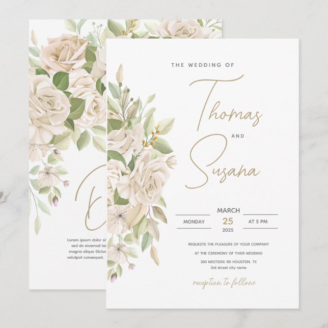Faire-part de mariage Floral blanc, Mariage verdoy (Devant / Derrière)