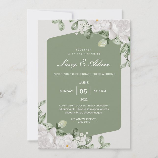 Faire-part de mariage Floral Blanc Sage Vert (Devant)