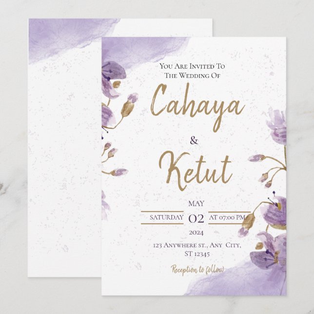 Faire-part de mariage Floral blanc violet (Devant / Derrière)