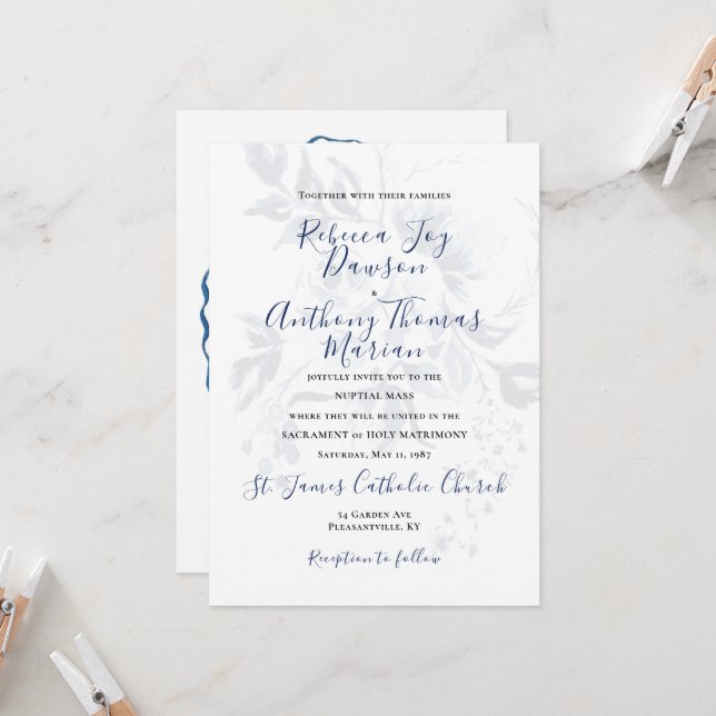 Faire-part de mariage Floral Bleu (Devant/Arrière en situation)
