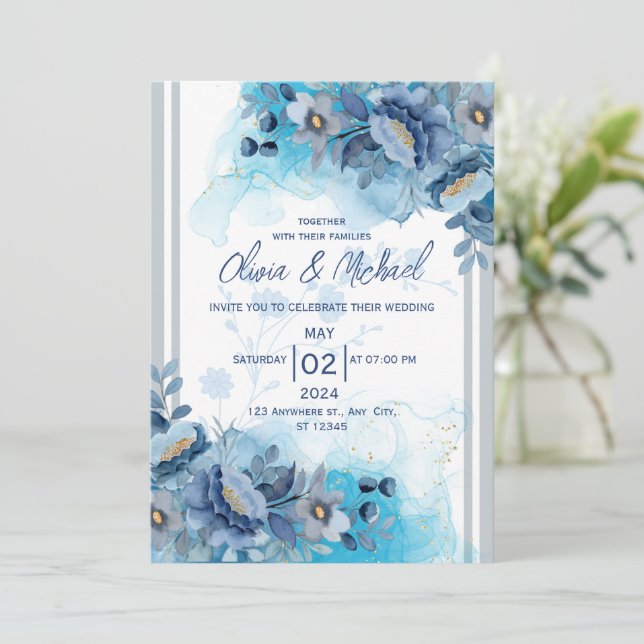 Faire-part de mariage Floral Bleu (Debout devant)