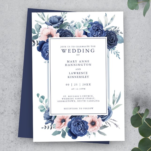 Faire-part de mariage floral bleu bleu bleu rose (Créateur téléchargé)