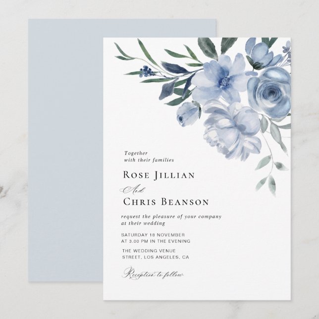 faire-part de mariage floral bleu bohème (Devant / Derrière)