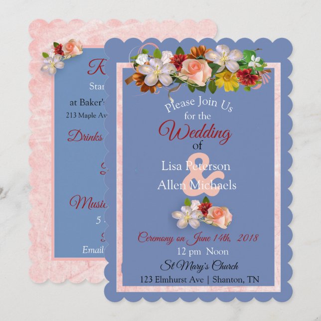 Faire-part de mariage floral bleu Bourgogne Rose (Devant / Derrière)