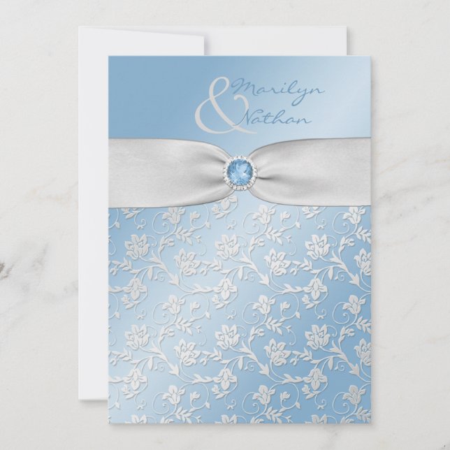 Faire-part de mariage floral bleu ciel et argent (Devant)