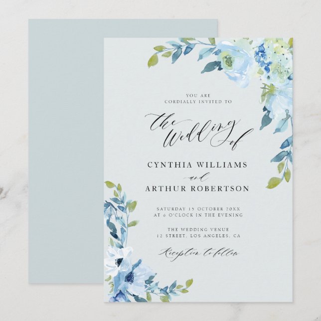 faire-part de mariage floral bleu clair (Devant / Derrière)