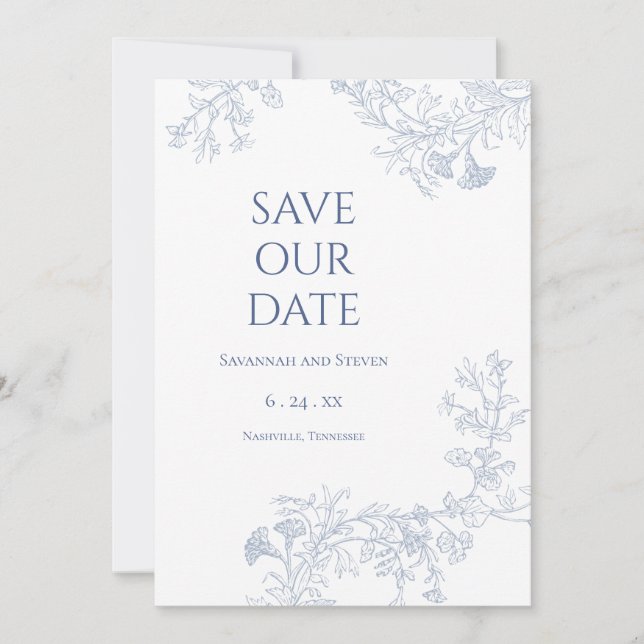 Faire-part de mariage floral bleu clair (Devant)