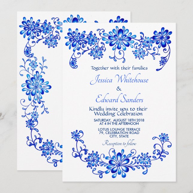 Faire-part de mariage floral bleu de la marine (Devant / Derrière)