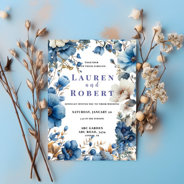 Faire-part de mariage floral bleu et blanc (Créateur téléchargé)