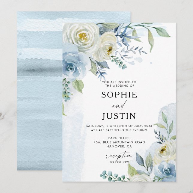 Faire-part de mariage floral bleu et blanc (Devant / Derrière)