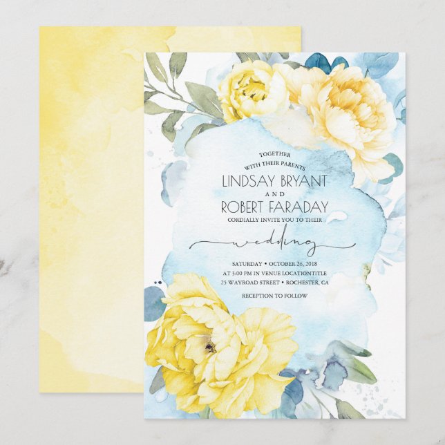 Faire-part de mariage floral bleu et jaune poussié (Devant / Derrière)