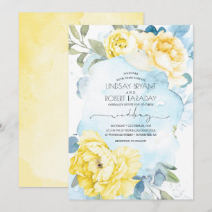 Faire-part de mariage floral bleu et jaune poussié