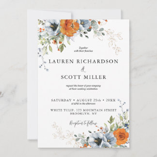 Faire-part de mariage floral bleu et orange