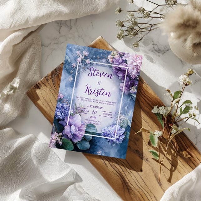 Faire-part de mariage floral bleu et pourpre (Créateur téléchargé)