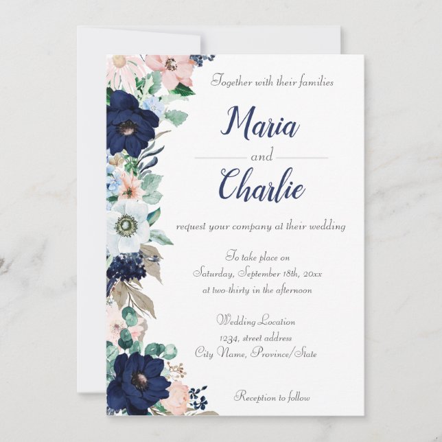 Faire-part de mariage floral bleu et rose de Navy (Devant)