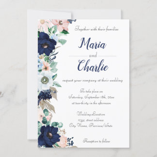 Faire-part de mariage floral bleu et rose de Navy