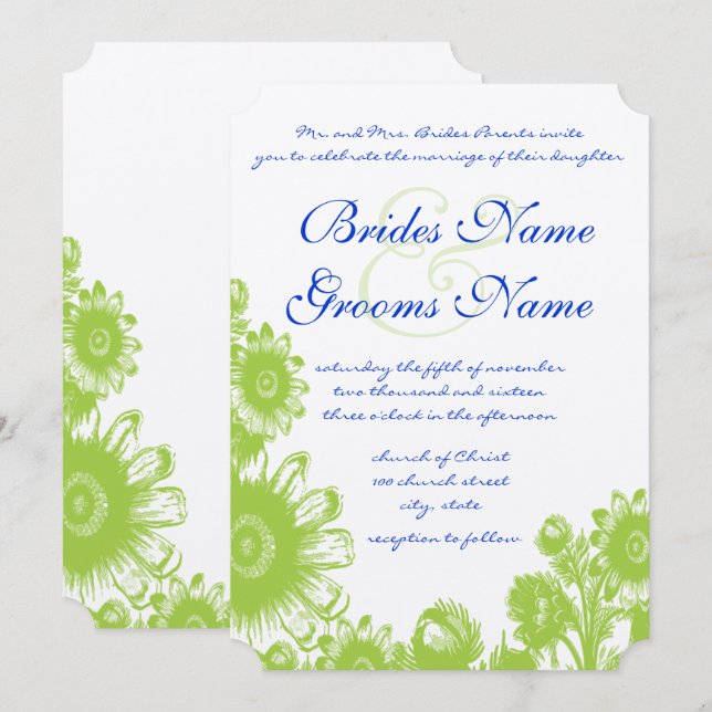 Faire-part de mariage floral bleu et vert Lapis (Devant / Derrière)