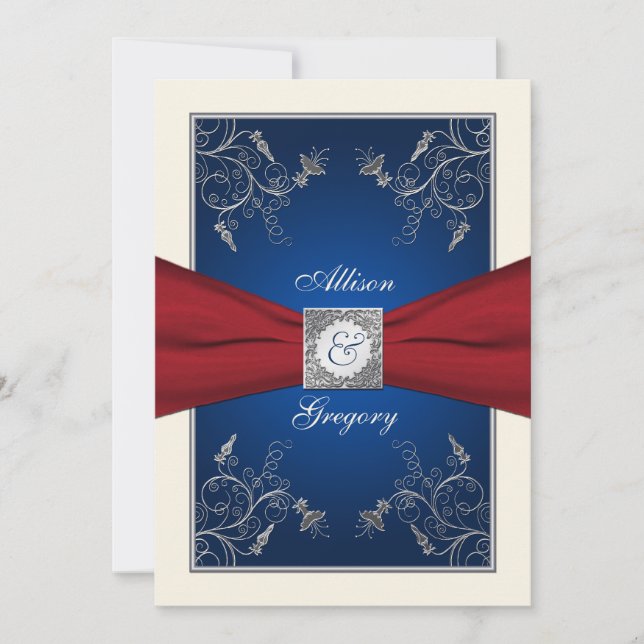 Faire-part de mariage Floral bleu ivoire rouge (Devant)