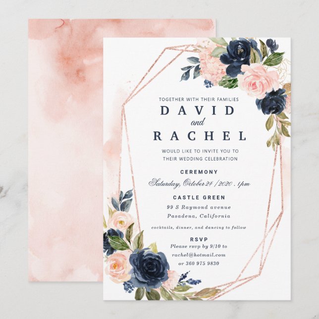 Faire-part de mariage floral bleu marine avec une  (Devant / Derrière)