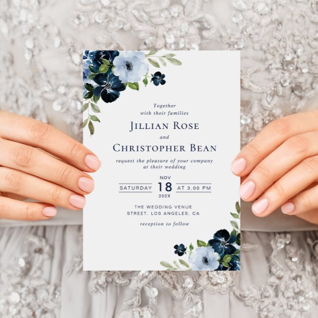 faire-part de mariage floral bleu marine et bleu c (Créateur téléchargé)