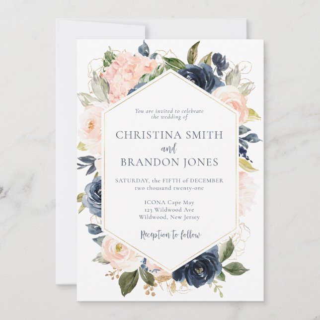 Faire-part de mariage floral bleu marine et rose p (Devant)