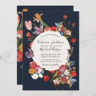 Faire-part de mariage floral bleu marine foncé et 