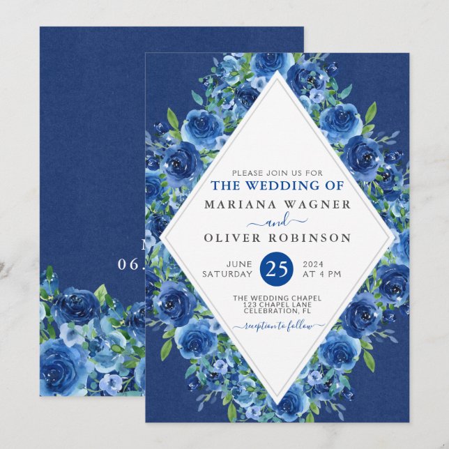 Faire-part de mariage floral bleu marine moderne (Devant / Derrière)