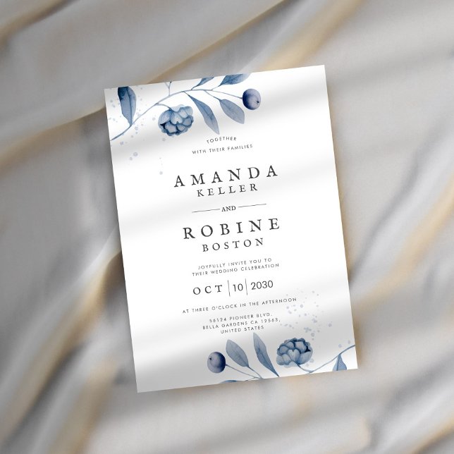 Faire-part de mariage Floral bleu minimaliste (Créateur téléchargé)