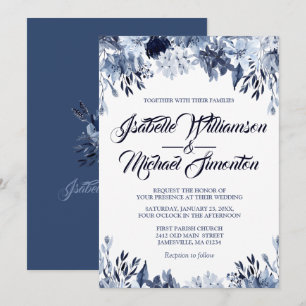 Faire-part de mariage floral bleu poussiéreux
