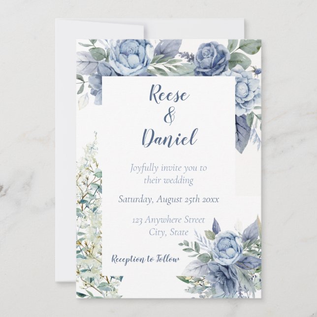 Faire-part de mariage floral bleu poussiéreux (Devant)