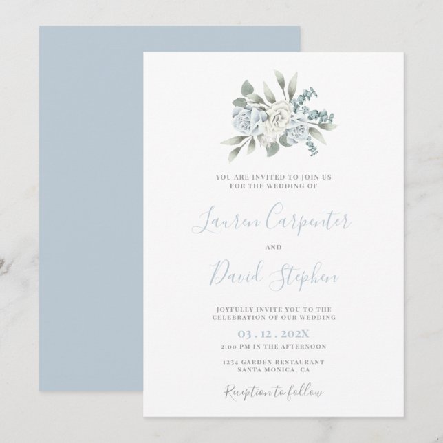 Faire-part de mariage floral bleu poussiéreux (Devant / Derrière)