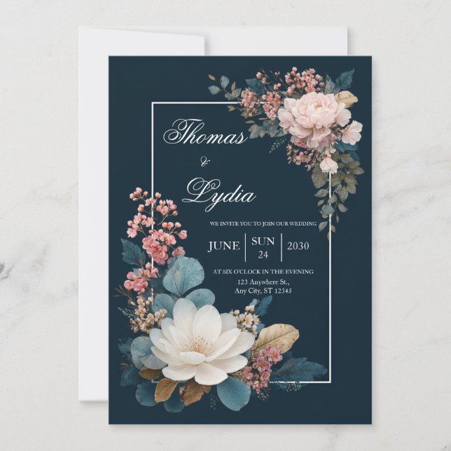 Faire-part de mariage floral bleu poussiéreux (Devant)