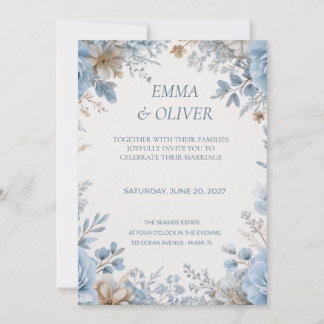 Faire-part de mariage floral bleu poussiéreux et c