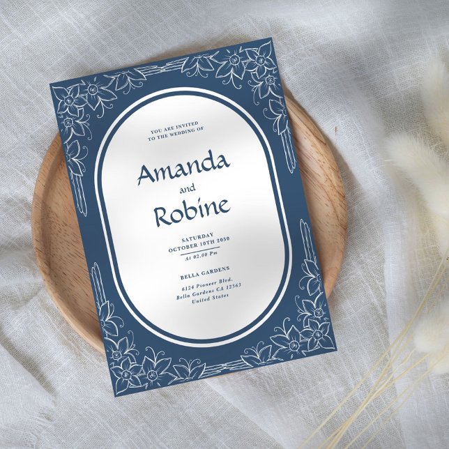 Faire-part de mariage floral bleu simple et élégan (Créateur téléchargé)