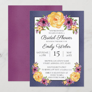 Faire-part de mariage floral bleu violet jaune
