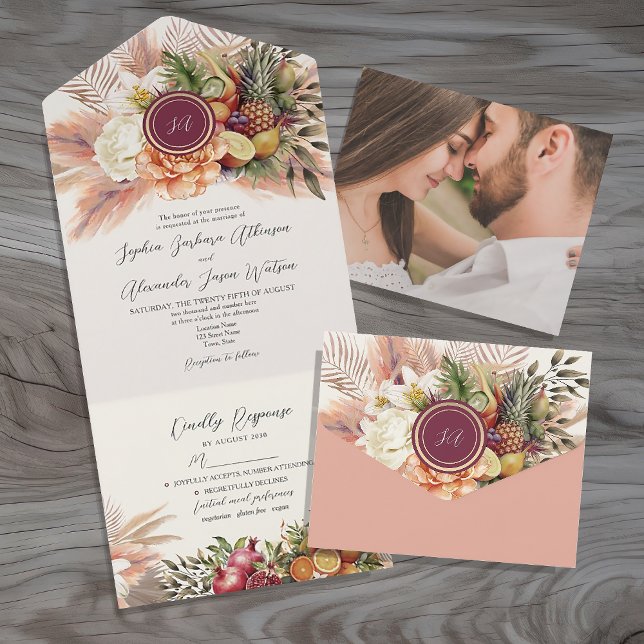 Faire-Part de Mariage Floral Boho Fruit Tout en Un (Créateur téléchargé)