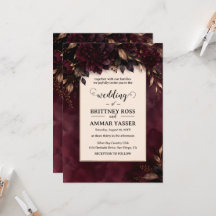 Faire-part de mariage floral bordeaux et or pour l