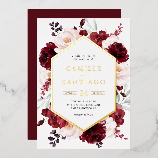 Faire-part de mariage Floral Bourgogne (Recto/Verso)