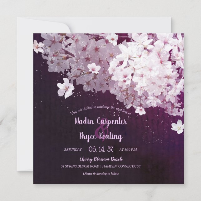 Faire-part de mariage floral cerise en fleurs (Devant)
